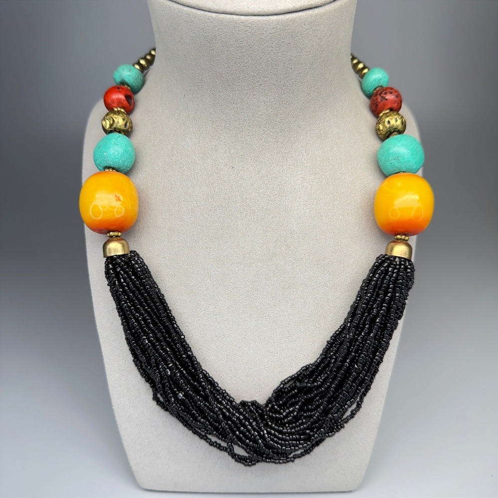 Vintage Beaded Necklace Chunky Tribal Black Blue Red Yellow 22" Boho Lagenlook